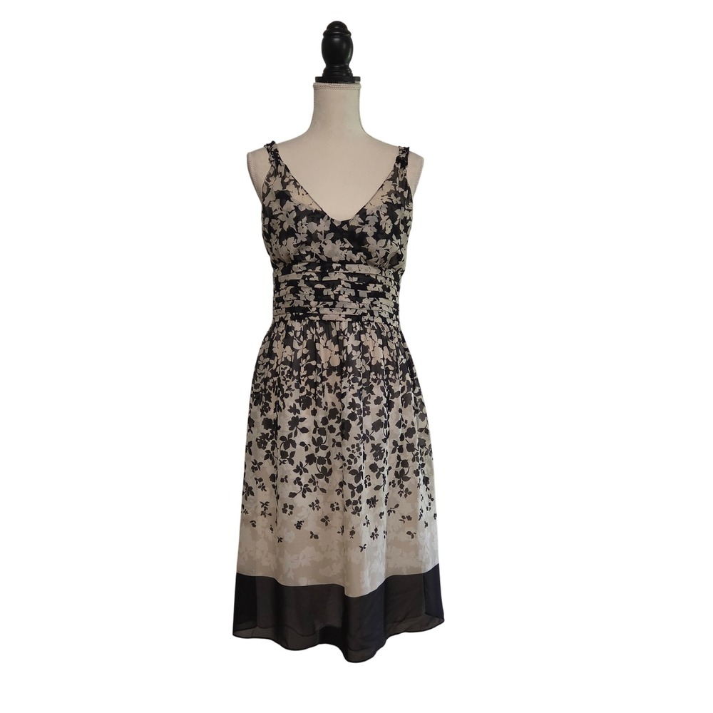 Ann Taylor Silk Floral Midi Dress Black Cream Pleated Waist Knot Strap Womens 6